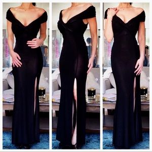 black bardot wrap slit slinky maxi dress